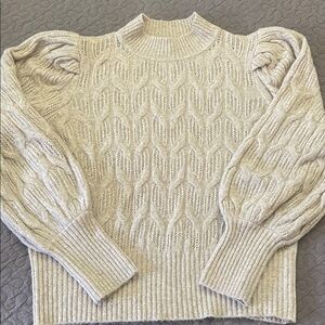 Express Beige and Gold Cable Knit Puff Sleeve Sweater